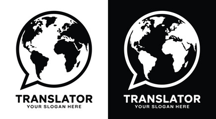 Modern globe and speech bubble logo for translators and linguists representing multilingual communication and localization expertise