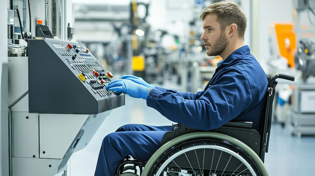 Young engineer in wheelchair operating machinery in factory