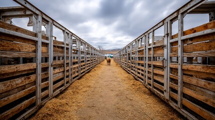 A long, straight passageway lined with wooden fences, leading to the horizon under a cloudy sky