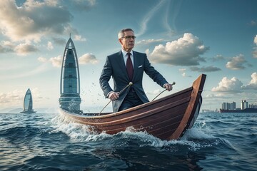 Fototapeta premium Financial Instability and Investment Risks: A Visual Representation of a Magnate Navigating Treacherous Waters
