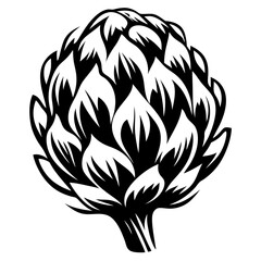 Abstract black and white illustration of a single artichoke flower bud