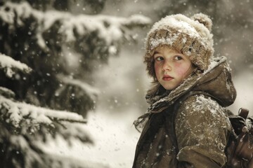 Scandinavian boy bundled up in winter gear with snowy trees
