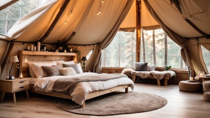 Cozy interior of a glamping tent surrounded by trees. Features a large window with opened flaps, a comfortable bed with white linens