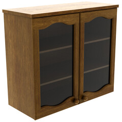 3d render upper wooden glass cabinet with transparent background