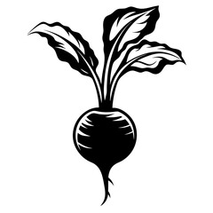 Stylized black and white drawing of a beet with leaves and root