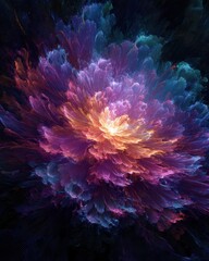 Colorful floral bloom with radiating energy and textured petals, set against a dark background. A beautiful abstract display of colors.