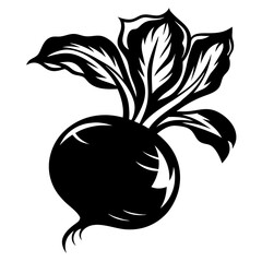 Monochrome beet illustration in silhouette with lush leaves and root tendrils