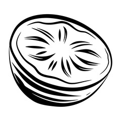 Stylized monochrome illustration of a sliced fruit exposing its juicy flesh inside