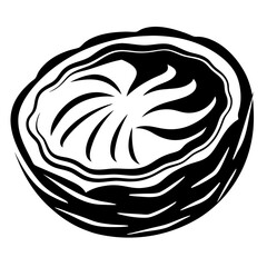 Monochrome abstract depiction of a stylized cut coconut with radiating pattern