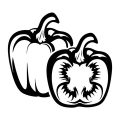 Black and White Illustration of Whole and Half Cut Bell Peppers