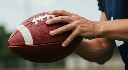 Man's hand holds an american football ball, preparing to play outdoor game, a popular sport in the united states, suitable for advertising or sports themed design.