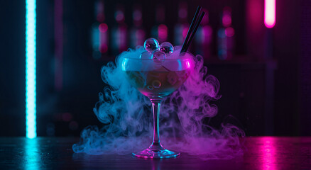 Molecular cocktail with smoke effect in neon-lit bar setting  