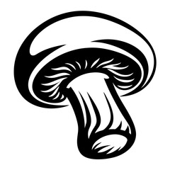 Stylized black and white mushroom drawing with detailed gills and textured stem
