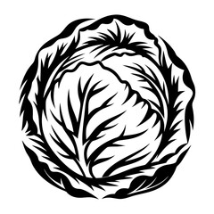 Stylized black and white illustration of a cabbage head, showing its leaves