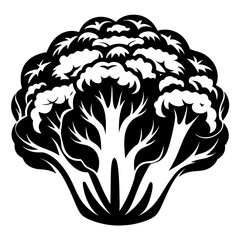 Bold stylized graphic illustration of a head of broccoli in black and white