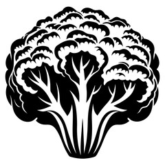 Stylized black and white image of a broccoli floret illustration, monochrome design