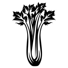 Elegant monochrome illustration of fresh celery stalk with leafy foliage on top