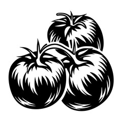 Black and white illustration of three ripe tomatoes arranged closely together