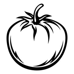 Stylized monochrome tomato illustration with bold outlines and simple aesthetic