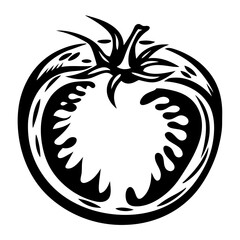 Monochrome Tomato Section Illustration Shows Pulp and Stem in Striking Detail