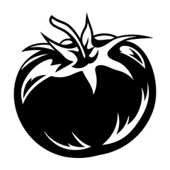 Striking monochrome tomato illustration with bold, stylized leaves and artistic flair