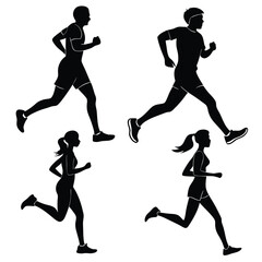 Silhouette of Four Runners Jogging in Motion