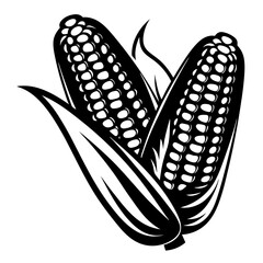 Black and White Image of Two Ears of Corn with Husk Leaves