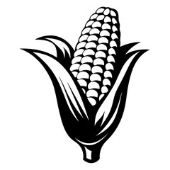 Stylized black and white illustration of an ear of corn with husks