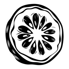 Black and white graphic design of citrus slice, artistic style
