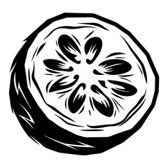 Black and white illustration of a citrus fruit slice in woodcut style