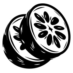 Stylized black and white illustration of two halves of citrus fruit