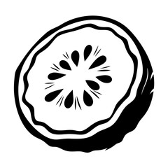 Monochrome illustration of a cross section of kiwi fruit with dark seeds