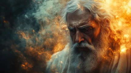 Hyper Realistic photo of Moses in the Divine Lights: Moses is an elderly man with white hair and a beard.