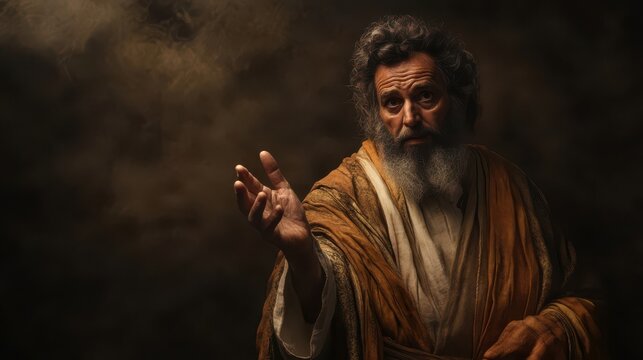 Aaron in Hebrew Priestly garments with a kind face looking straight forward with his hand outstretched․