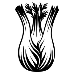 Stylized black and white image of a fennel bulb and fronds on white