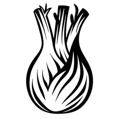Stylized black and white illustration of an onion with its roots and leaves