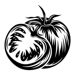 Monochrome half sliced tomato vector illustration, showcasing nature's beauty in black and white