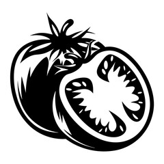 Artistic Black and White Illustration of a Tomato and a Tomato Slice