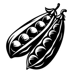 Black and White Illustration of Two Pea Pods Full of Peas