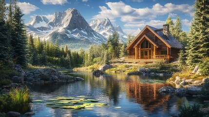 Fototapeta premium Scenic Mountain Log Cabin Peaceful Lake Nature Landscape Tranquil Summer Vacation Home Beautiful Wooden House Majestic Mountain Range Serene Water 