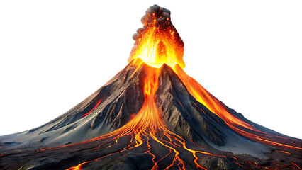Erupting volcano with lava flowing against black backdrop isolated on white background