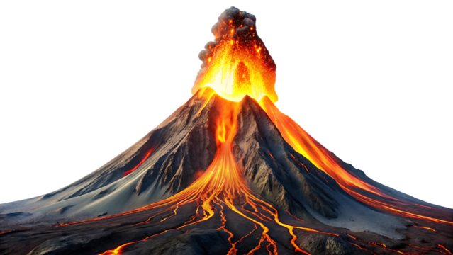Erupting volcano with lava flowing against black backdrop isolated on white background