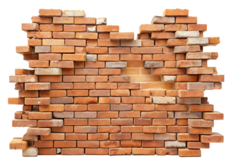 Distressed red brick wall with missing sections isolated on white background