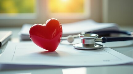 A red heart and stethoscope on a desk symbolize health and medical care at sunrise