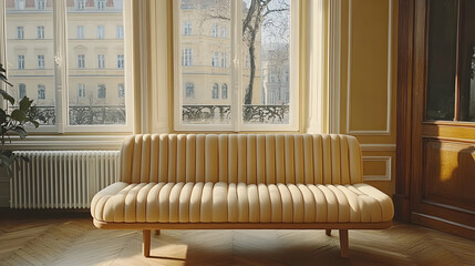 Elegant beige sofa in a sunlit room with large windows overlooking a city street.  Perfect for interior design, home decor, and lifestyle photography.