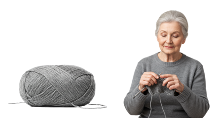 Senior woman knitting with gray yarn on a transparent background  