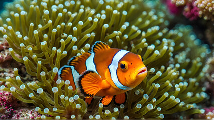 Clownfish swim among the cream coral reef in underwater, Generative AI