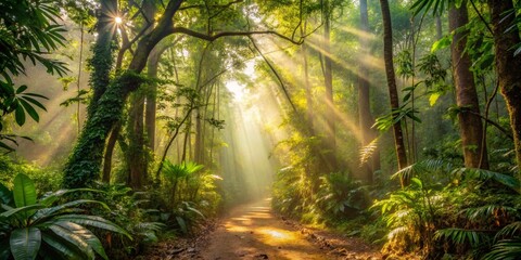 Naklejka premium Golden Light Filtering Through a Tropical Forest Canopy, Wide Shot, Lush Green Foliage, Sunlight Rays, Jungle Path, Nature, Tropical Rainforest