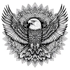 Black and white illustration of an eagle with mandala patterns