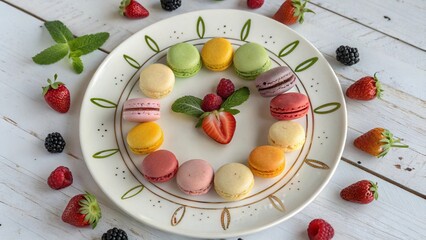 Colorful French Macarons with Strawberries on Elegant Plate &ndash; dessert photography
